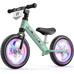 imagebesrey Toddler Balance Bike 2 Year Old AllMetal Frame  12quot MotionActivated Lighting Wheels  AllTerrain  Kids Bike with Padded Adjustable Seat  Gift Bike for Boys Girls 2 3 4 5 Years OldGreen